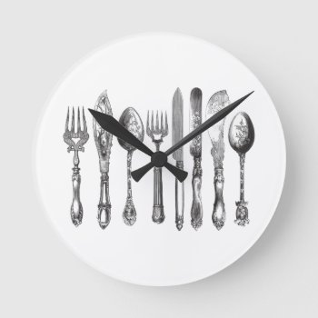Vintage Cutlery Black White Fork Spoon Knife 1800s Round Clock by red_dress at Zazzle