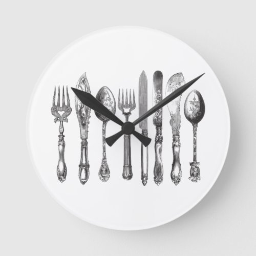 Vintage Cutlery Black White Fork Spoon Knife 1800s Round Clock