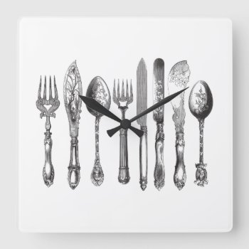 Vintage Cutlery Black White Fork Spoon Knife 1800s Square Wall Clock by red_dress at Zazzle