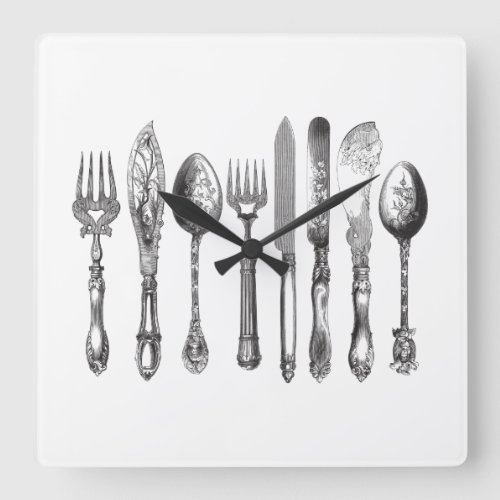 Vintage Cutlery Black White Fork Spoon Knife 1800s Square Wall Clock