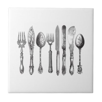 Vintage Cutlery Black White Fork Spoon Knife 1800s Tile by red_dress at Zazzle
