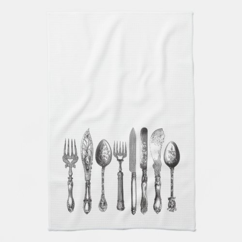Vintage Cutlery Black White Fork Spoon Knife 1800s Towel