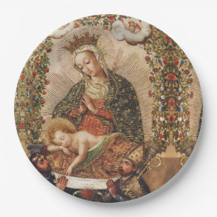 Vintage Cuzco School Virgin Adoring Christ Child Paper Plates