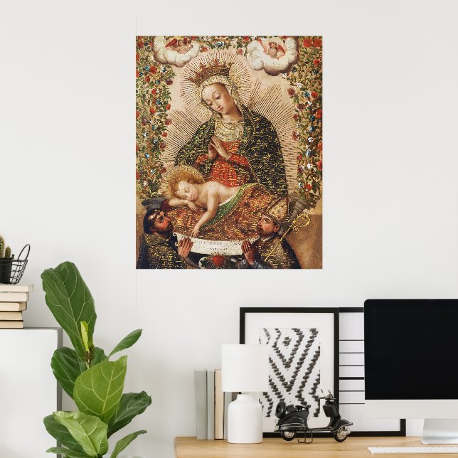 Vintage Cuzco School Virgin Adoring Christ Child Poster (Home Office)