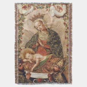 Vintage Cuzco School Virgin Adoring Christ Child Throw Blanket