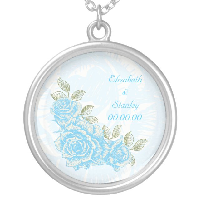 Vintage cyan blue roses custom necklace (Front)