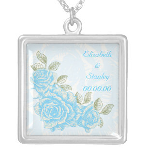 Vintage cyan blue roses custom necklace