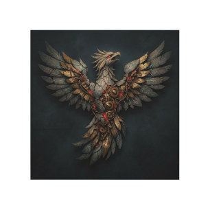 Vintage Cyber-Phoenix:Aged Gold & Neon Mythic Bird Wood Wall Art