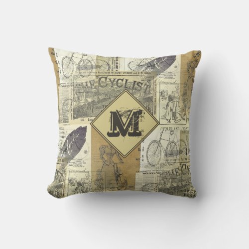 Vintage Cyclist and Bicycle Ads Collage Monogram Throw Pillow