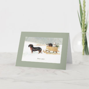 Vintage Dachshund and Kittens French New Year Card