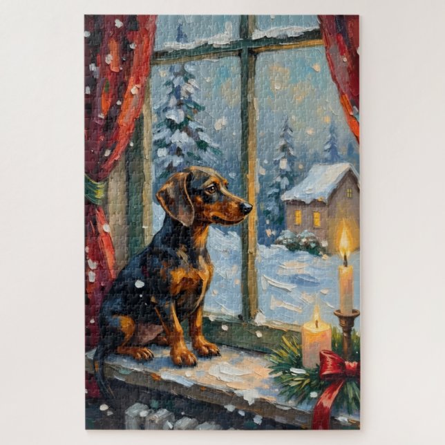 Vintage Dachshund by Cozy Christmas Window Jigsaw Puzzle (Vertical)