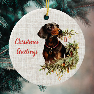 Vintage Dachshund Dog Rustic Christmas Greetings Ceramic Ornament