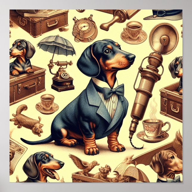 Vintage Dachshund Illustration Poster (Front)