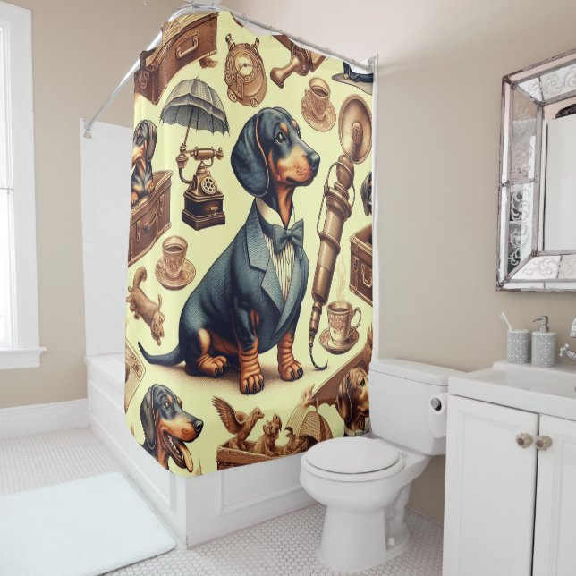 Vintage Dachshund Illustration Shower Curtain (In Situ)