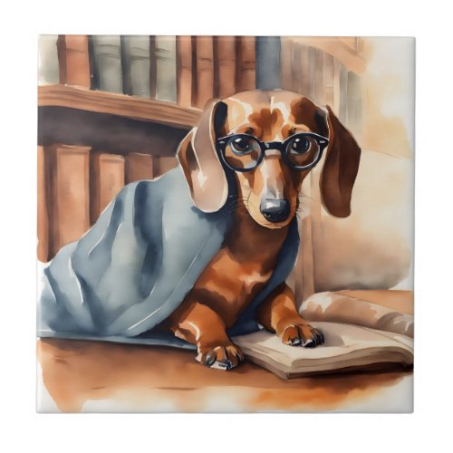 Vintage Dachshund in the Old Library Ceramic Tile