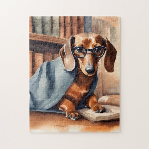 Vintage Dachshund in the Old Library Jigsaw Puzzle