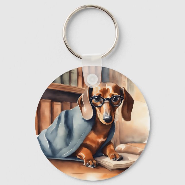 Vintage Dachshund in the Old Library Keychain (Front)