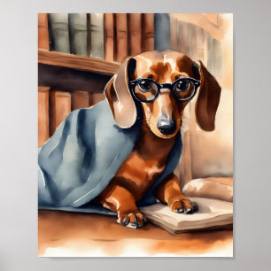 Vintage Dachshund in the Old Library Poster