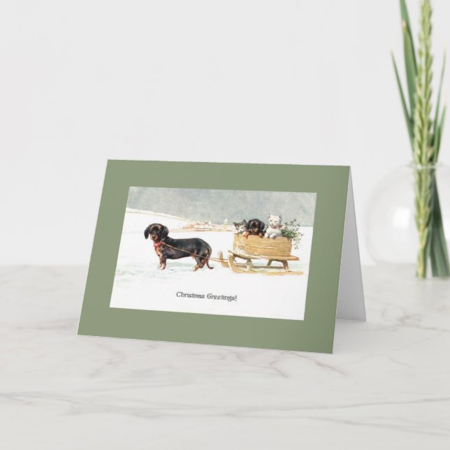 Vintage Dachshund Puppies & Kittens Christmas Card (Front)