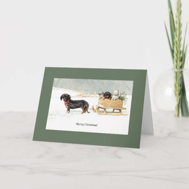Vintage Dachshund Puppies & Kittens Christmas Card (Front)