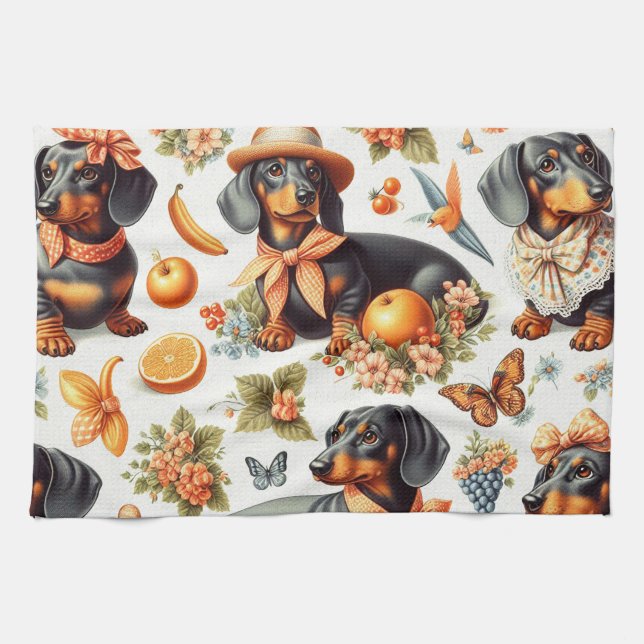 Vintage Dachshund Seamless Kitchen Towel (Horizontal)