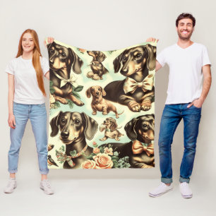 Vintage Dachshund Seamless Painting Fleece Blanket