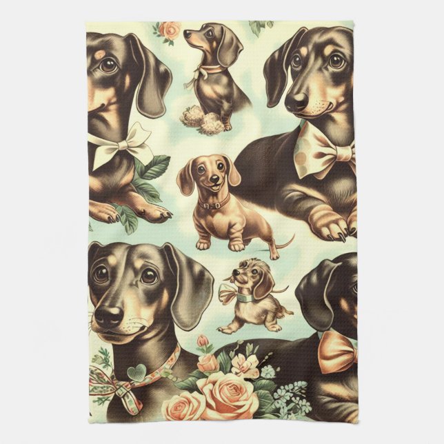 Vintage Dachshund Seamless Painting Kitchen Towel (Vertical)