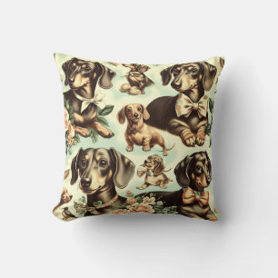 Vintage Dachshund Seamless Painting Throw Pillow