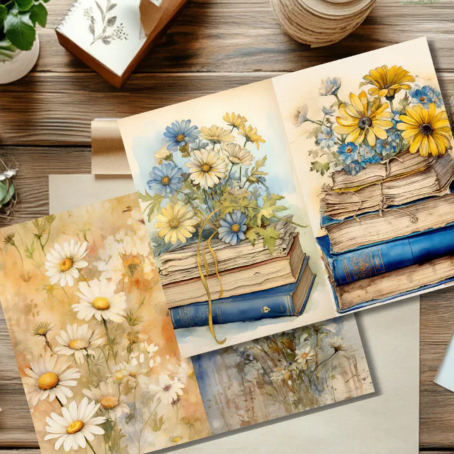 Vintage Daisy and Stacked Books Scrapbook Paper | Zazzle