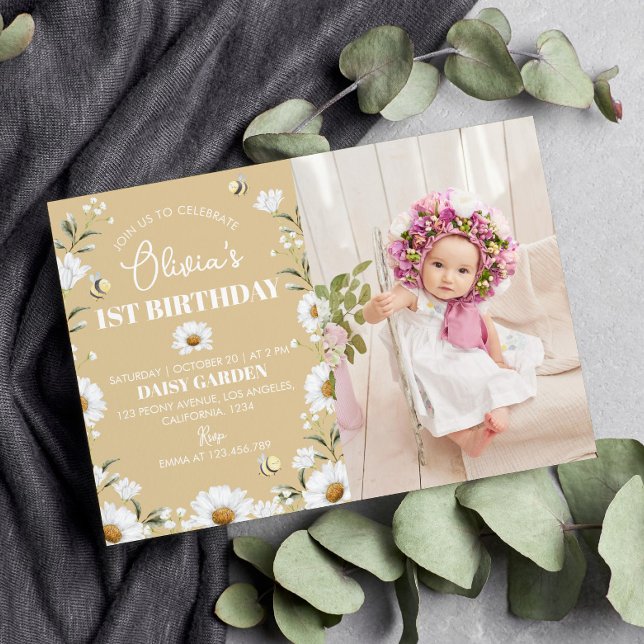 Vintage Daisy Bee 1st Birthday  Invitation (Creator Uploaded)