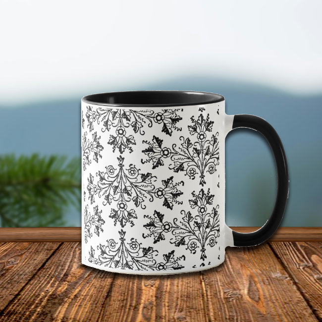 Vintage Daisy Damask Etching on White Coffee Mug