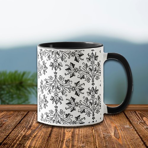 Vintage Daisy Damask Etching on White Coffee Mug