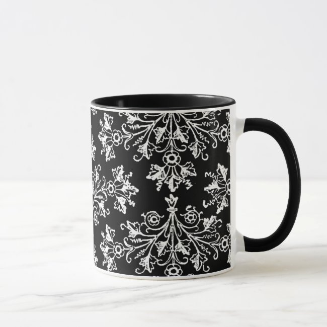 Vintage Daisy Damask Etching White on Black Mug