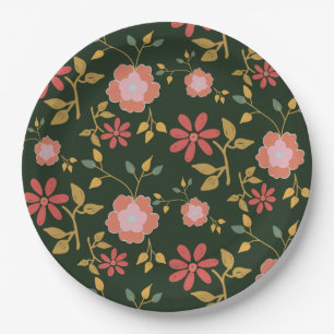 Vintage Daisy Floral Dark Green Paper Plates