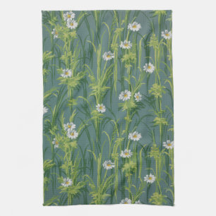 Vintage Daisy Floral on Teal Gray Pin-stripes Kitchen Towel
