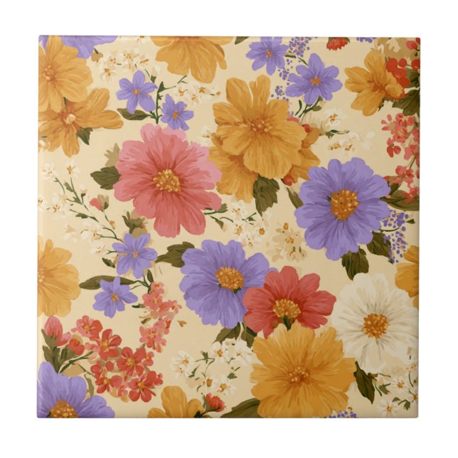 Vintage Daisy Floral Pattern (2) Ceramic Tile (Front)