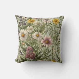 Vintage Daisy Flowers and Wildflowers Throw Pillow