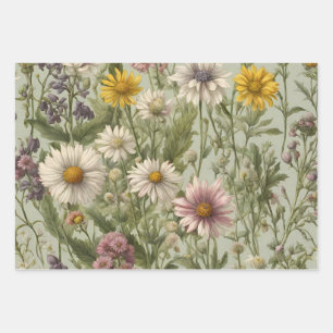 Vintage Daisy Flowers and Wildflowers Wrapping Paper Sheets