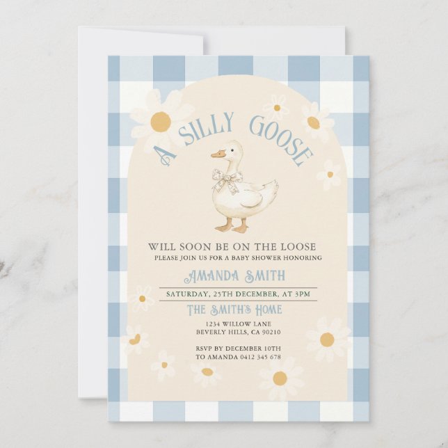Vintage Daisy Goose Baby Shower Blue Gingham Invitation (Front)