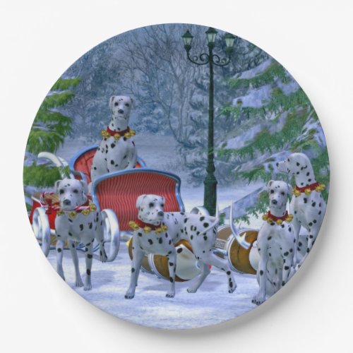 Vintage Dalmatian Sleigh Snow Christmas Paper Plates