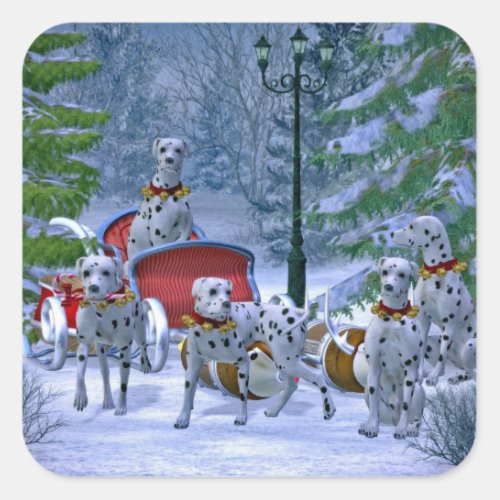 Vintage Dalmatian Sleigh Snow Christmas Square Sticker