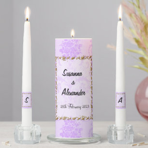 Vintage Damask and Gold Purple Wedding Unity Candle Set