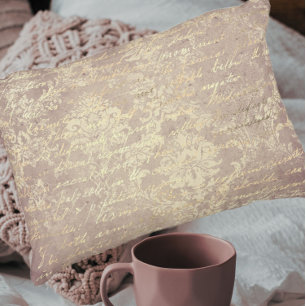 Vintage damask and script gold and pink distressed accent pillow