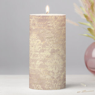 Vintage damask and script gold and pink distressed pillar candle