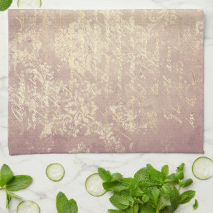 Vintage damask and script gold pink distressed kitchen towel