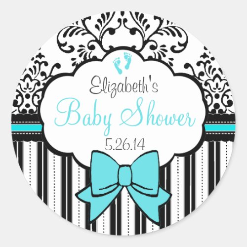 Vintage Damask and Stripes Blue Baby Shower Classic Round Sticker