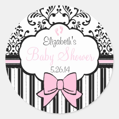 Vintage Damask and Stripes Pink Baby Shower Classic Round Sticker