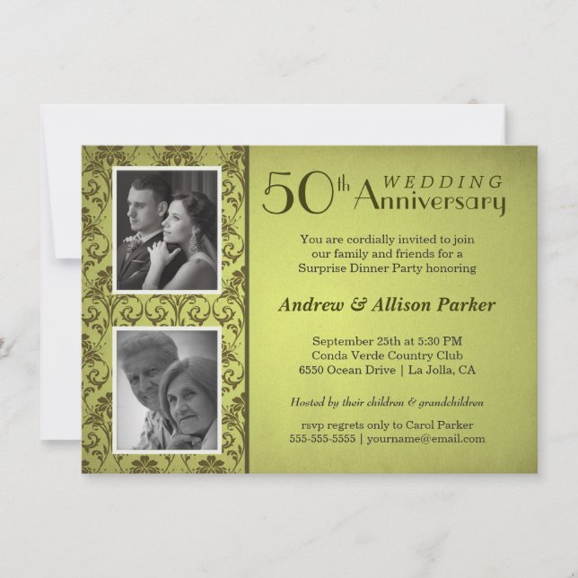 Vintage Damask Anniversary Double Photo Invitation (Front)