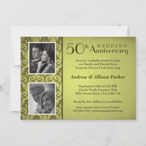 Vintage Damask Anniversary Double Photo Invitation