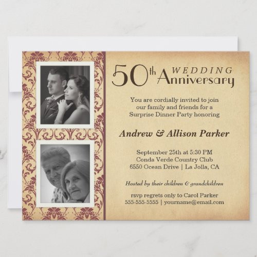Vintage Damask Anniversary Double Photo Invitation